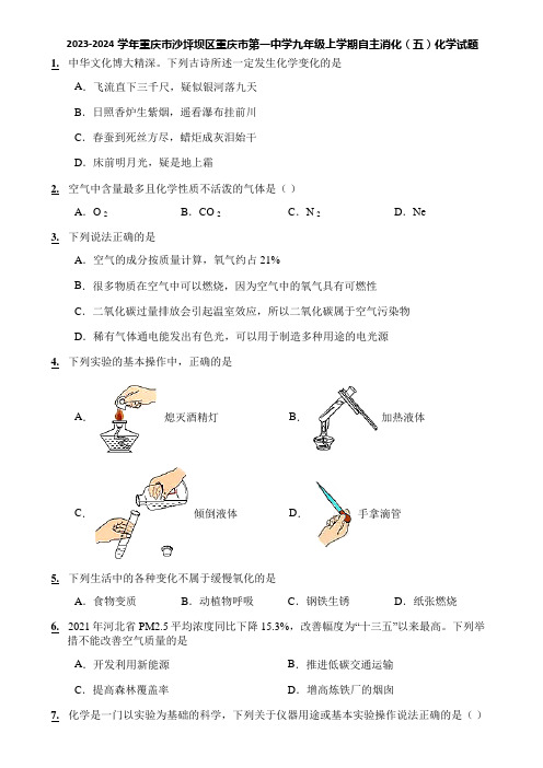 2023-2024学年重庆市沙坪坝区重庆市第一中学九年级上学期自主消化(五)化学试题