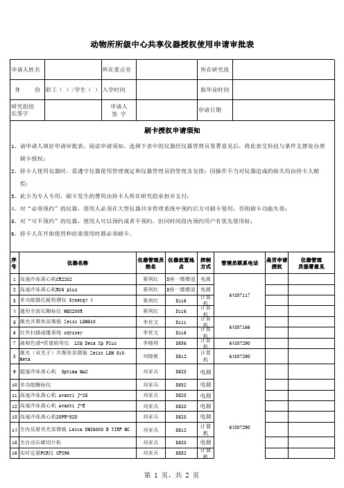 共享仪器授权使用申请审批表