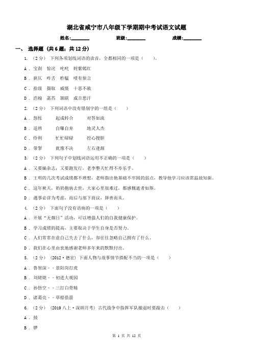 湖北省咸宁市八年级下学期期中考试语文试题