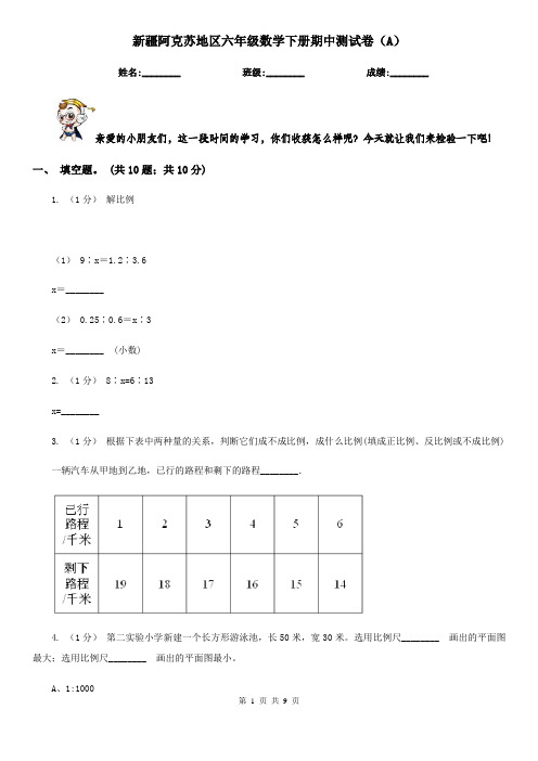 新疆阿克苏地区六年级数学下册期中测试卷(A)