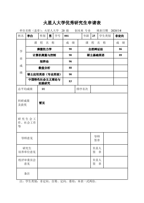 优秀研究生申请表