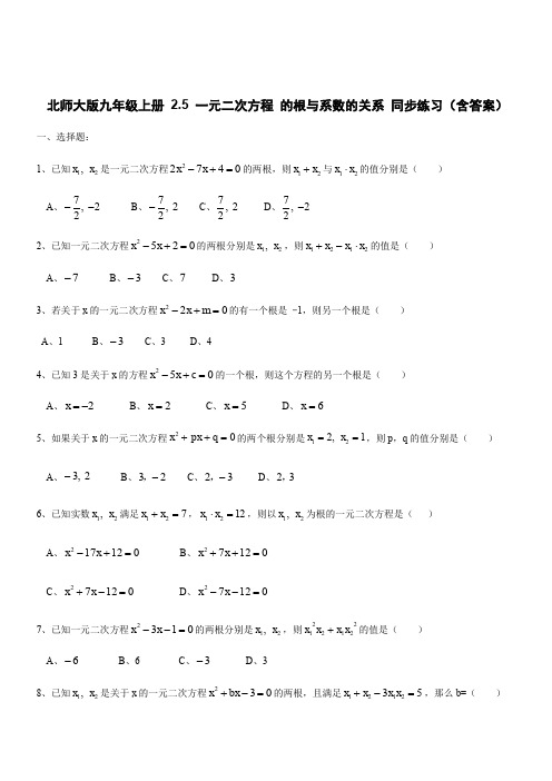 北师大版九年级数学上册 2.5 一元二次方程的根与系数的关系 同步练习(含答案)