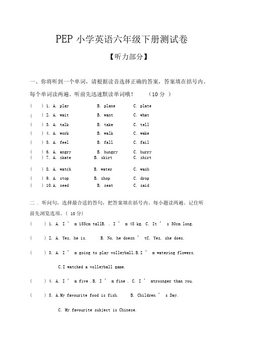 人教PEP2020-2021年小升初英语测试卷(含答案)