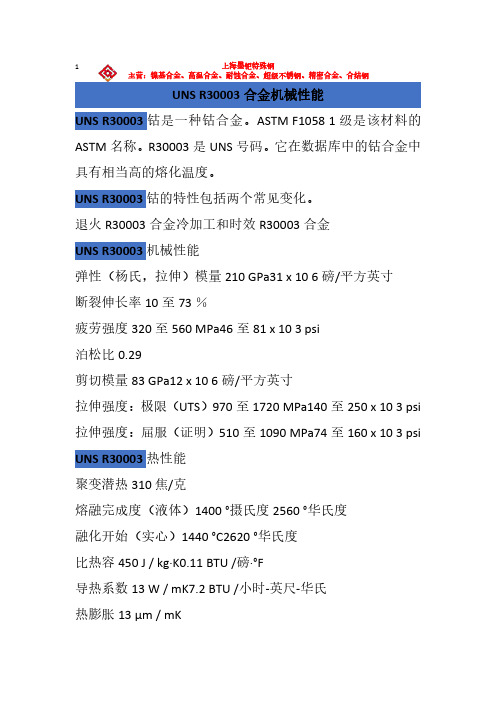 UNS R30003合金机械性能