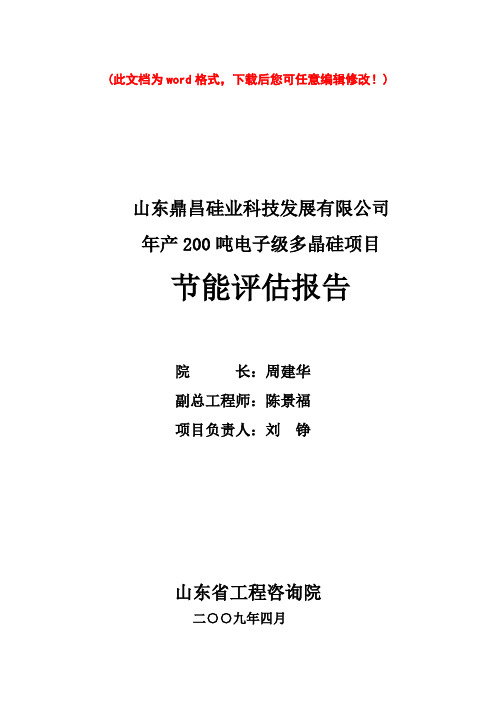 鼎昌硅业公司年产二百吨电子级多晶硅项目节能评估报告