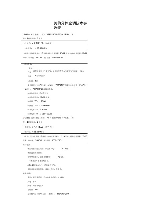 分体空调技术参数表2012