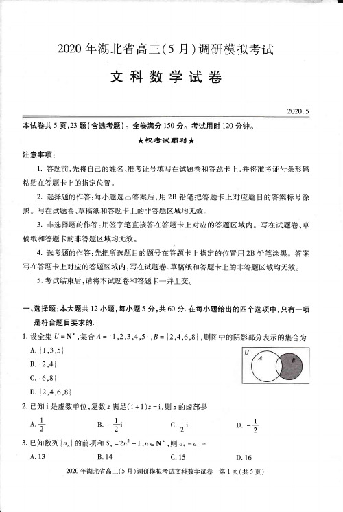 2020年湖北省高三(5月)调研模拟考试文科数学试卷(答案)