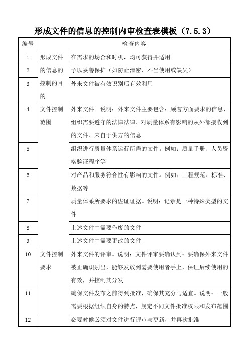 形成文件的信息的控制内审检查表模板
