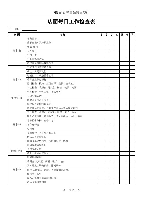 店面每日工作检查表