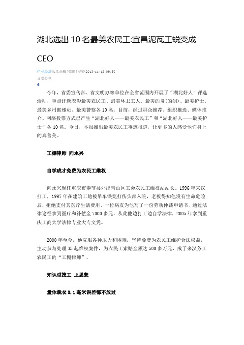 湖北选出10名最美农民工