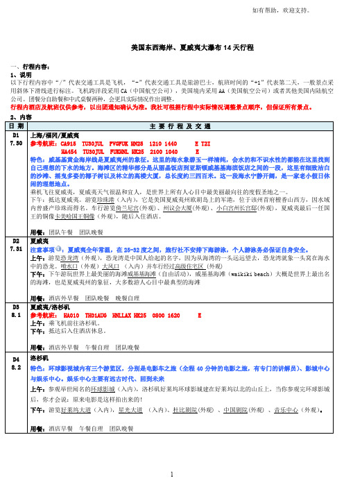 美国东西海岸、夏威夷大瀑布14天行程