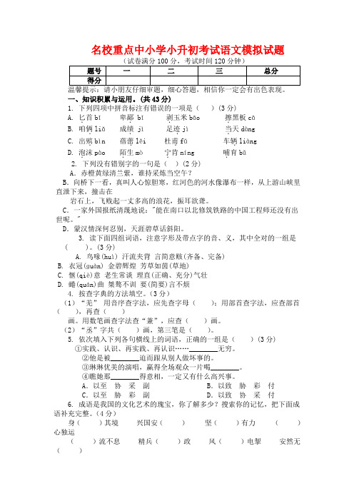 2019年苏州市小升初语文模拟试题(共5套)详细答案1