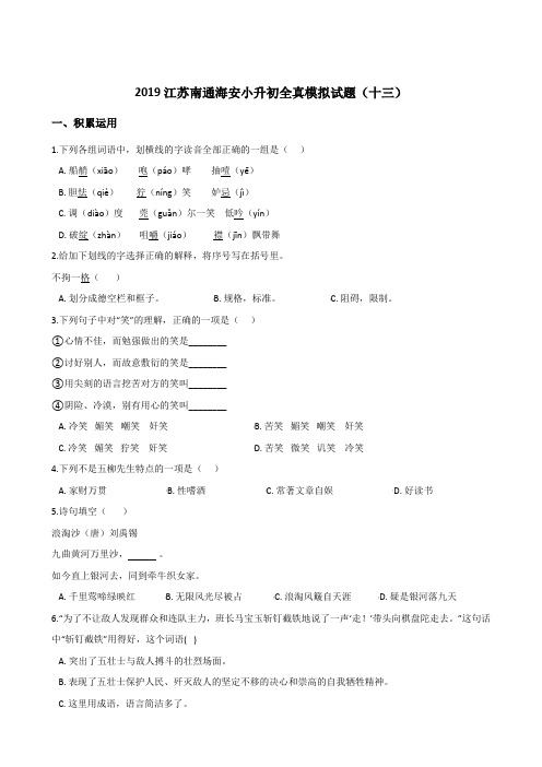 六年级下册语文试题-2019江苏南通海安小升初全真模拟试题(十三) 苏教版 含答案 (1)