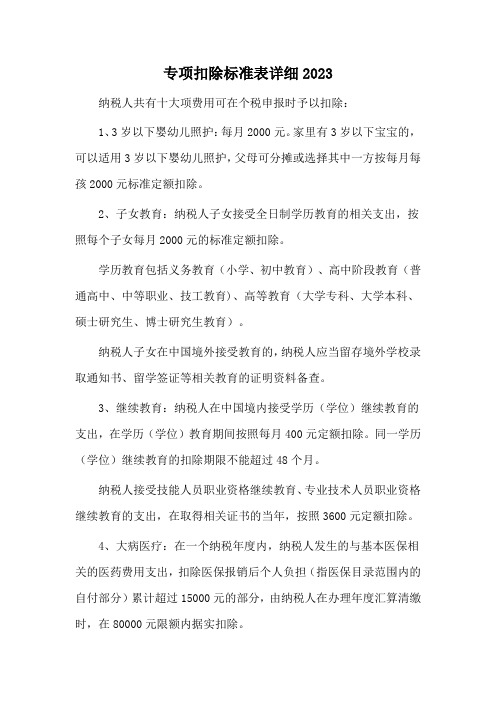 专项扣除标准表详细2023