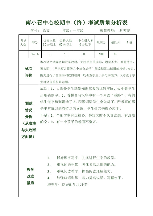 一年级语文质量分析表