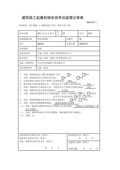 建筑施工起重机械安装旁站监理记录表