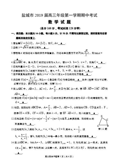 盐城市2019届高三年级第一学期期中考试数学试卷