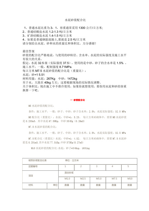 水 泥砂 浆配合比