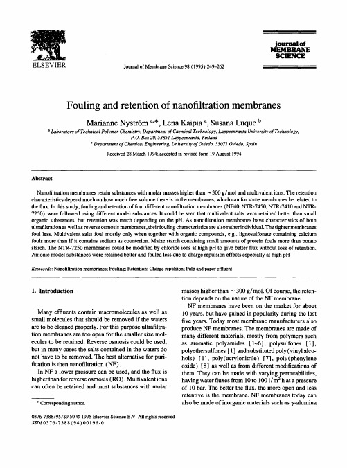 1995-JMS-Fouling and retention of nanofiltration membranes
