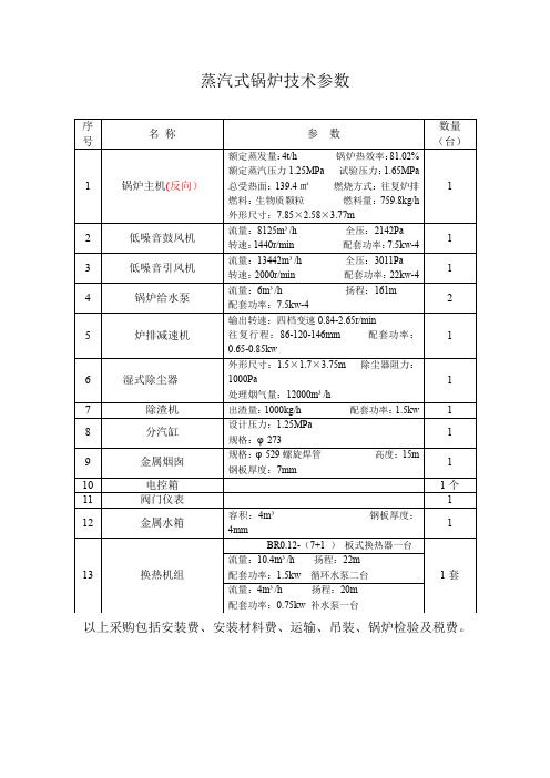 蒸汽式锅炉技术参数