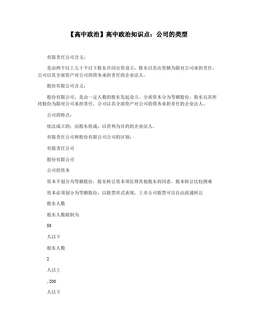 【高中政治】高中政治知识点：公司的类型