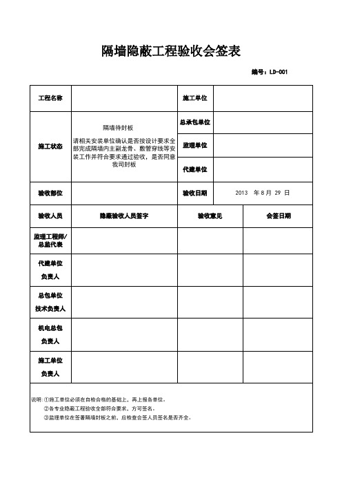 吊顶隐蔽工程验收会签表