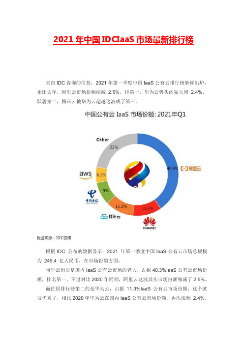 2021年中国IDCIaaS市场最新排行榜