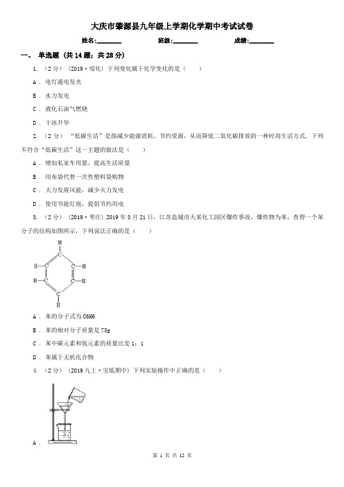 大庆市肇源县九年级上学期化学期中考试试卷