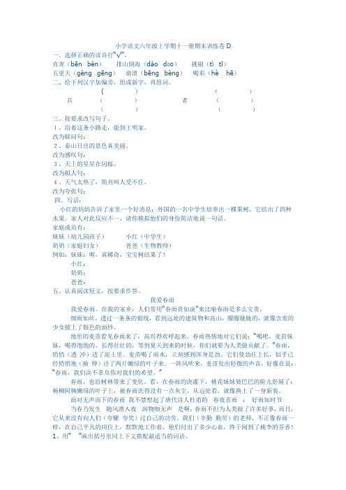 小学六年级语文期末训练D