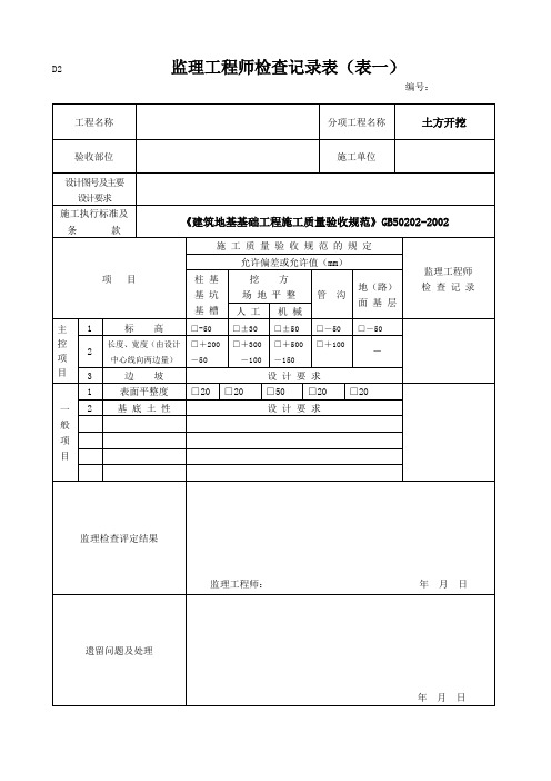 监理工程师检查记录表——D类表