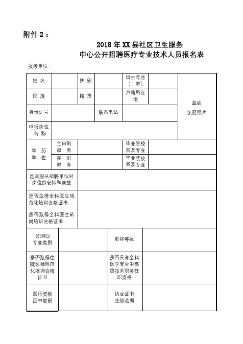 2018年XX县社区卫生服务中心公开招聘医疗专业技术人员报名表【模板】