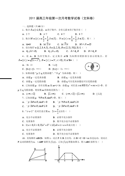 2011届高三数学上册第一次月考测试题4