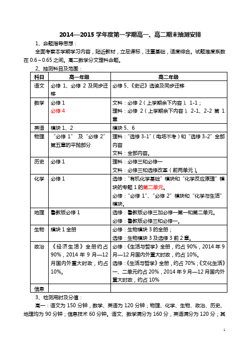 2014-2015高一高二期末考试抽测安排