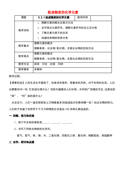 江苏省扬州市高邮市车逻镇九年级化学全册3.2.1组成物质的化学元素教案沪教版