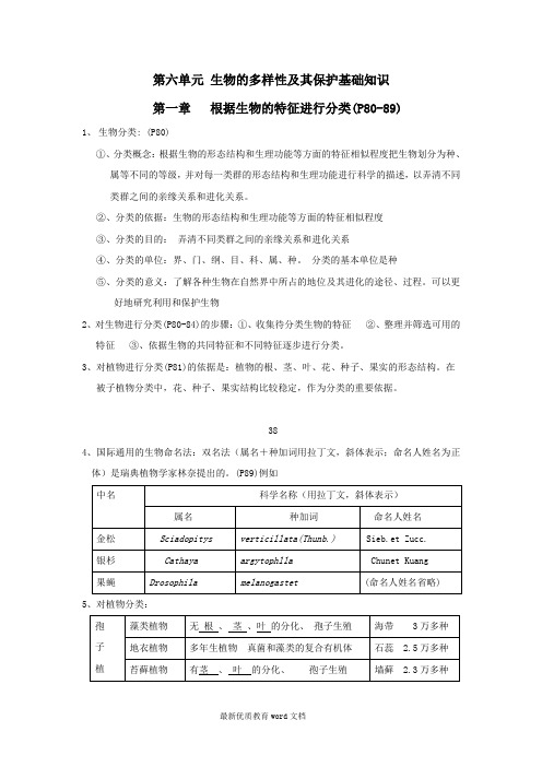 八年级生物上册 第六单元生物的多样性及其保护 第一章根据生物的特征进行分类复习提纲 人教新课标版