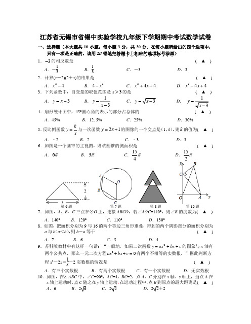 江苏省无锡九年级下学期期中考试数学试卷有答案