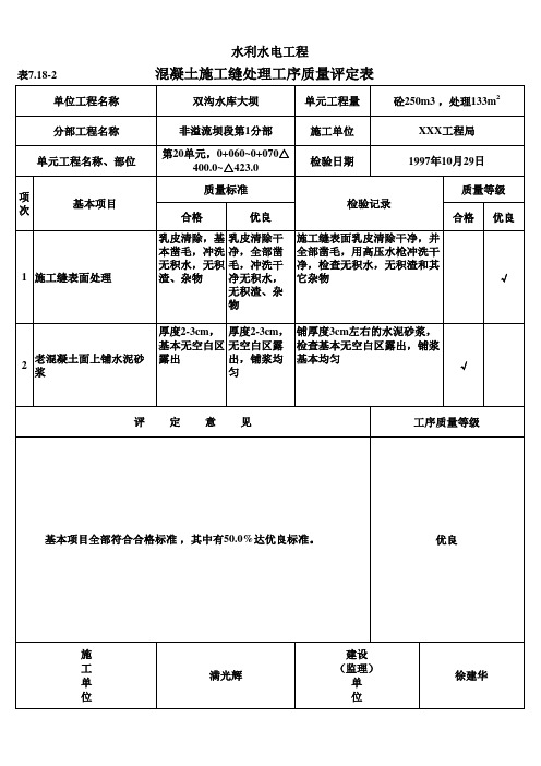 表7.18-2 混凝土施工缝处理工序质量评定表(例表)