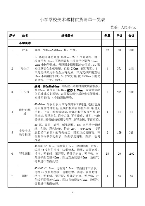 小学学校美术器材供货清单一览表 全