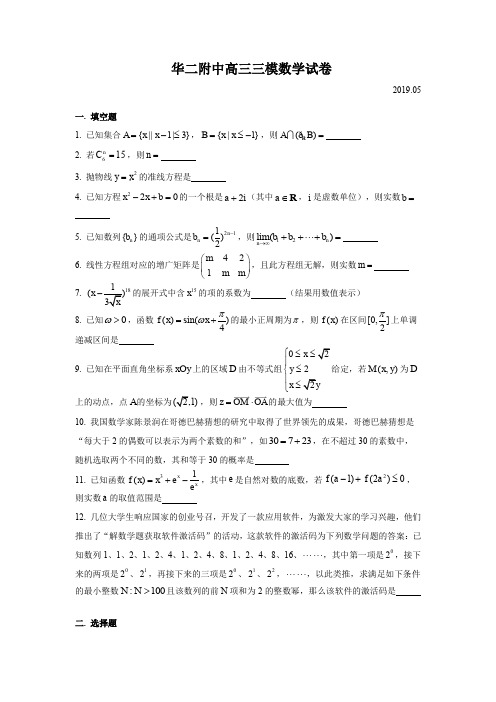 上海市华二附中高三三模数学学科考试试卷(含答案)(2019.05)