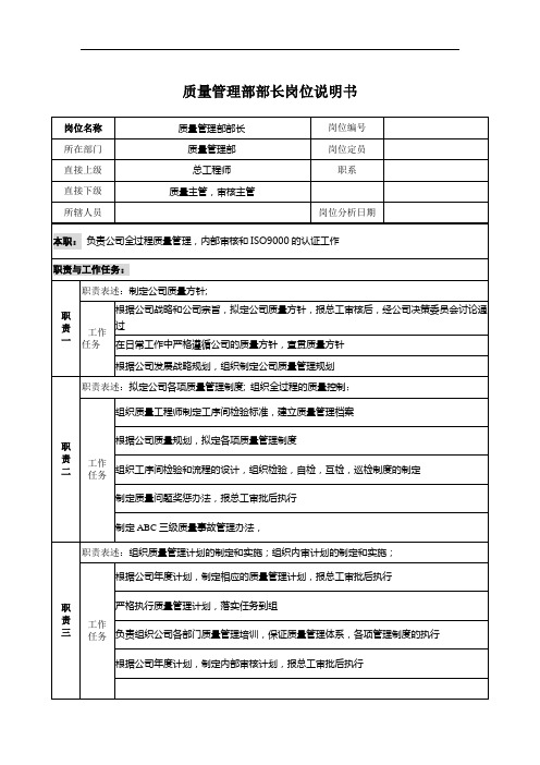 PZGLI007-品质管理-某公司质量管理部部长岗位说明书