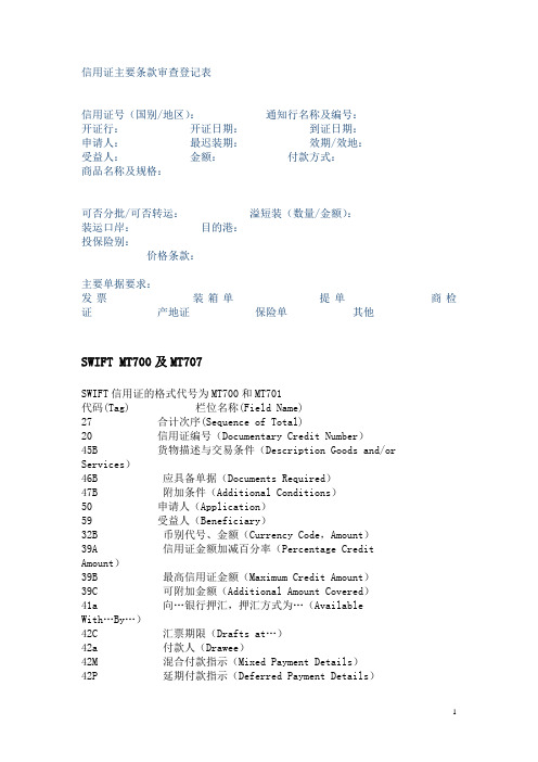 信用证主要条款审查登记表