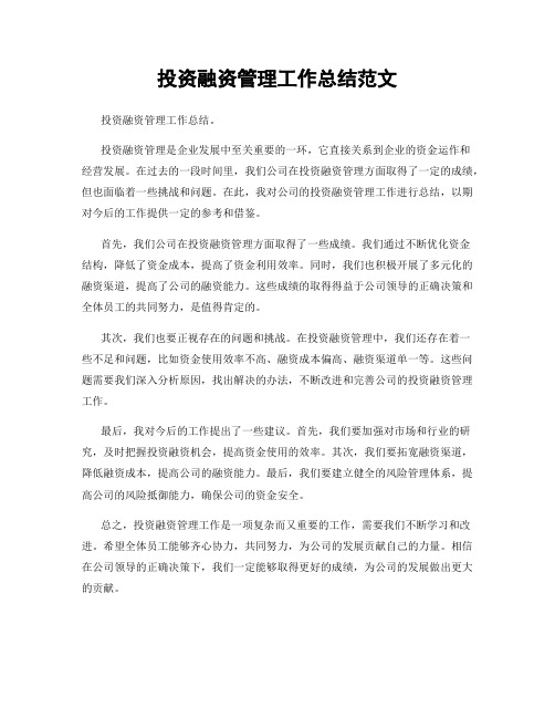 投资融资管理工作总结范文