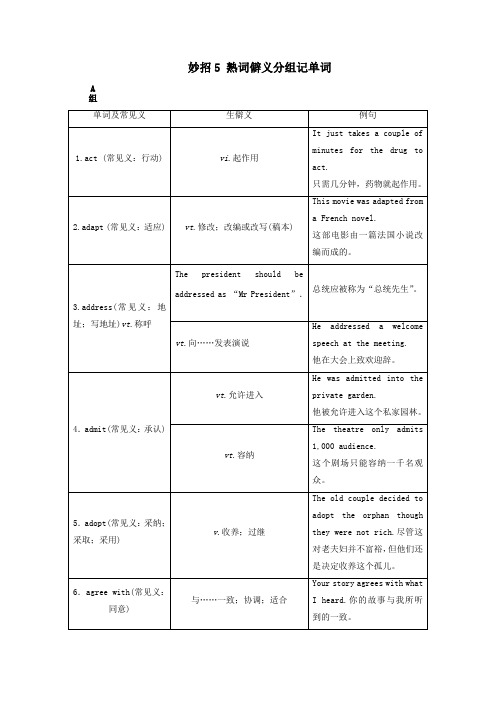 2020届高考英语二轮复习阅读中的常见词汇妙招5熟词僻义分组记单词学案