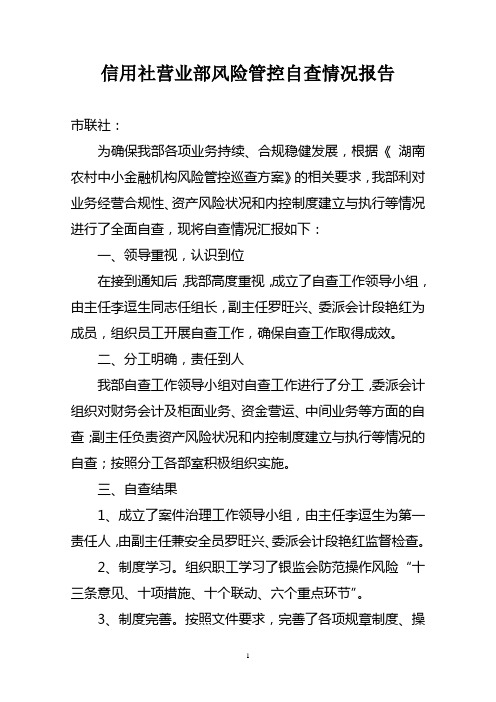 信用社(银行)营业部风险管控自查情况报告