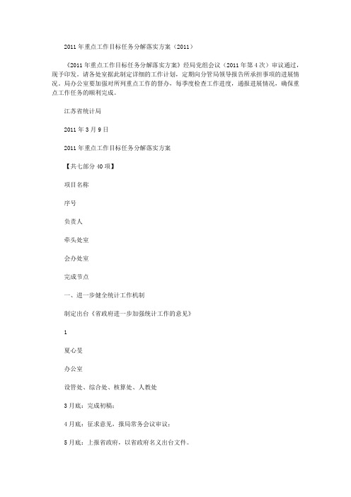 2011年重点工作目标任务分解落实方案(2011)
