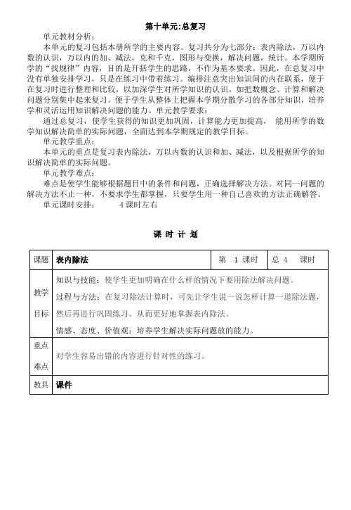 新课标人教版小学数学二年级下册第十单元总复习教案