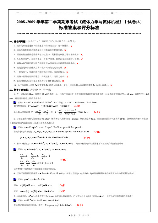 07级《流体力学》Ⅰ试卷(A)标准答案