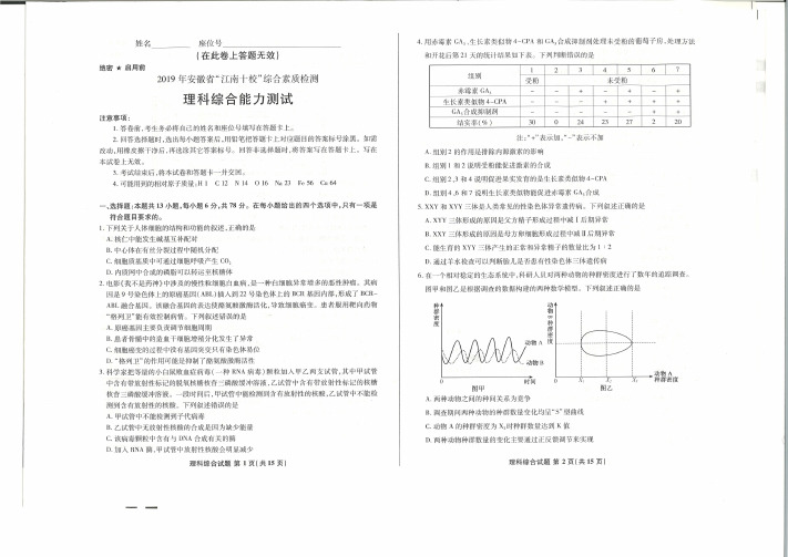 2019届江南十校考试理综试卷及答案