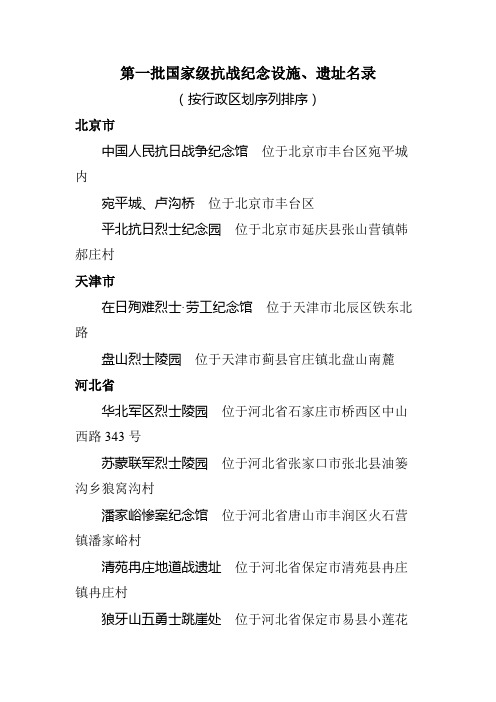 第一批国家级抗战纪念设施、遗址名录