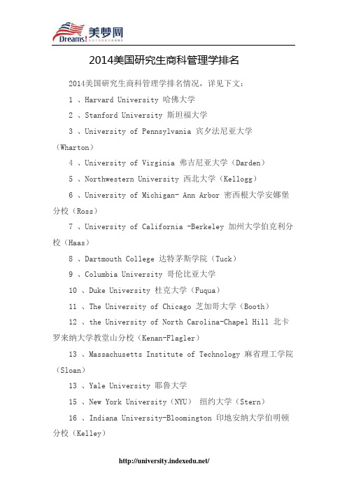 【美梦网】2014美国研究生商科管理学排名  